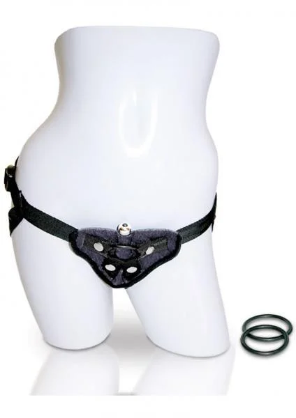 Vibrating Velvet Harness Strap On Harness Black