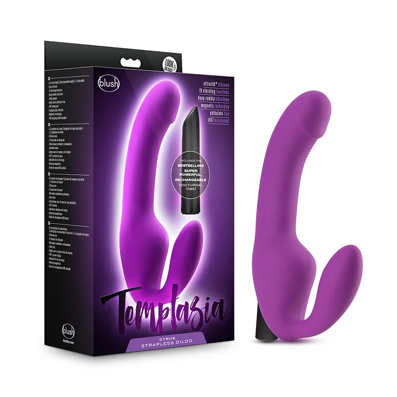 Blush Temptasia Cyrus 8.5 in. Silicone Strapless Strap-On Dildo with Bullet Vibrator Purple