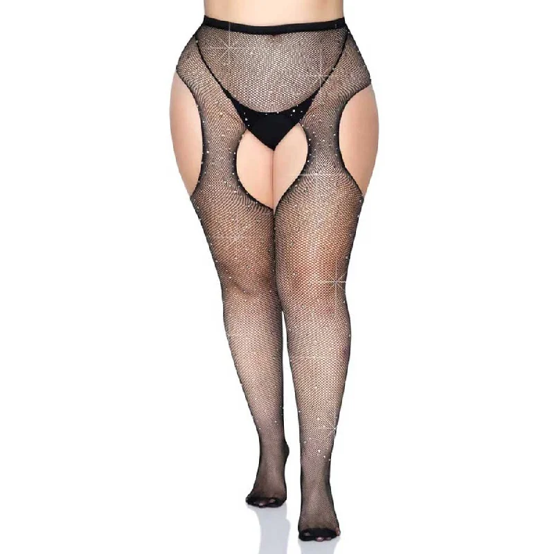 Casey Rhinestone Fishnet Suspender Pantyhose - Queen