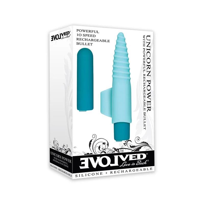 Evolved Unicorn Power Bullet Vibrator With Unicorn Horn Sleeve Finger Ring Blue