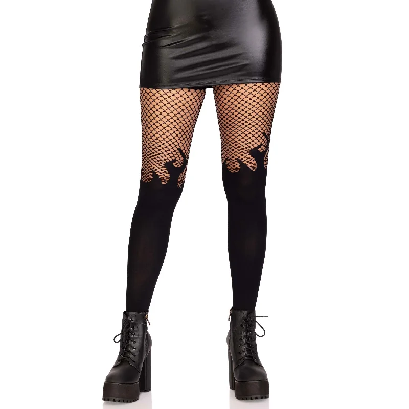 Opaque Flame Tights With Fishnet Top