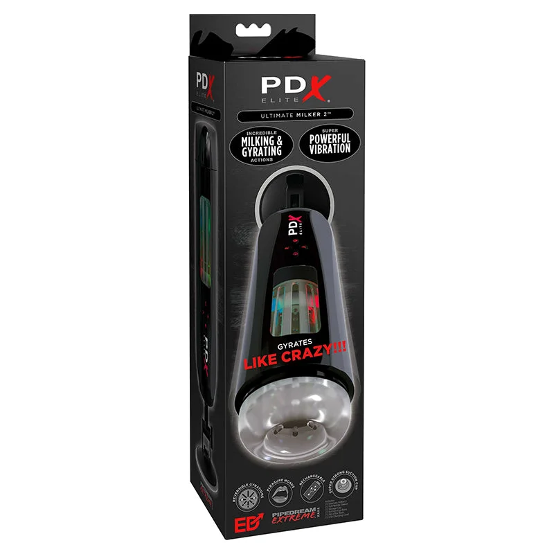 PDX Elite Ultimate Milker 2 Rechargeable Gyrating Suction Stroker With Hands-Free Suction Cup Black/Clear