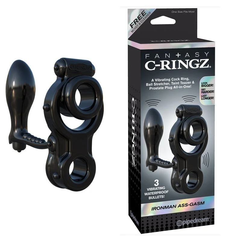 Pipedream Fantasy C-Ringz Ironman Ass-Gasm Vibrating Cockring & Ballstretcher With Anal Plug Black