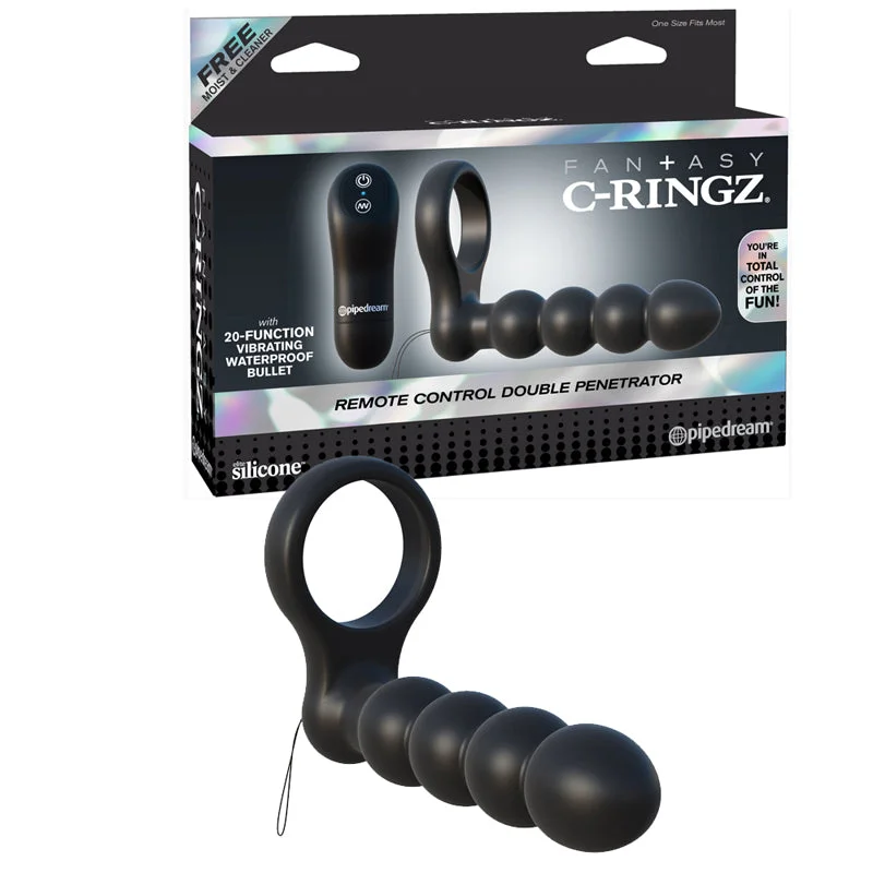 Pipedream Fantasy C-Ringz Remote Control Double Penetrator Vibrating Silicone Dual Entry Cockring Black