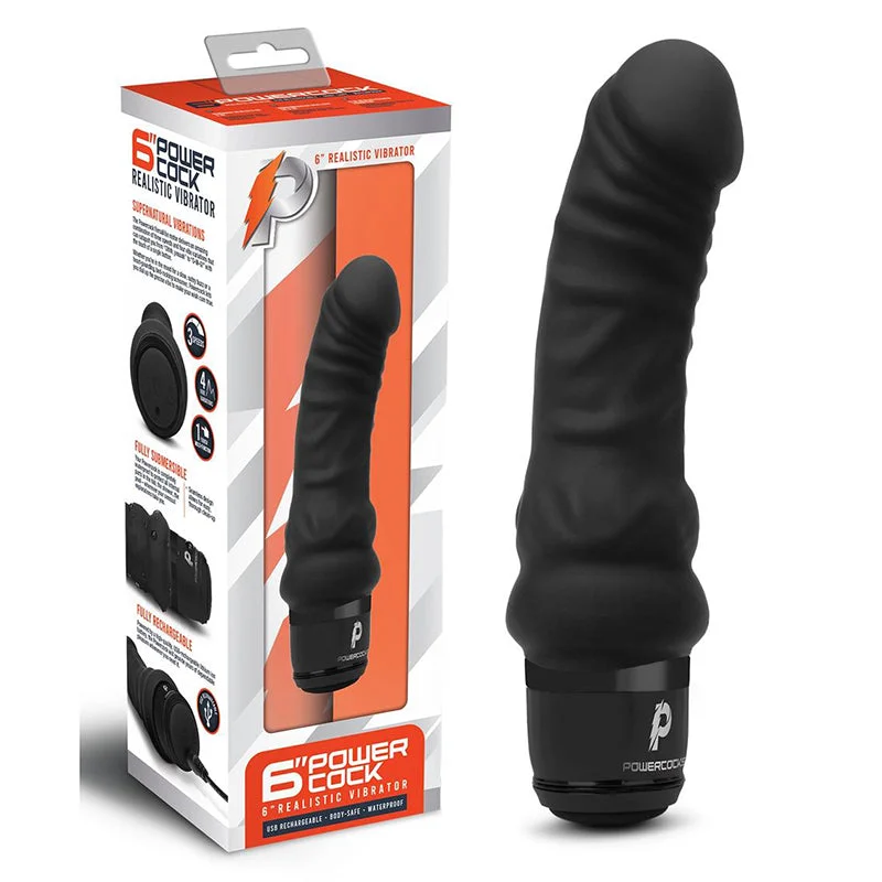 Powercock 6 in. Realistic Vibrator Rechargeable Silicone Vibrating Dildo Black